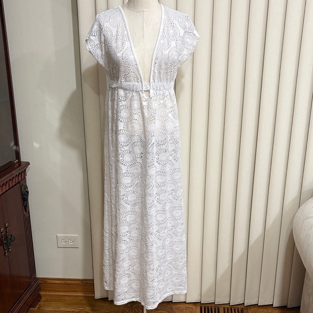 White cut out Maxi Cover-Up beach Dress V neck empire elastic waist side slits M